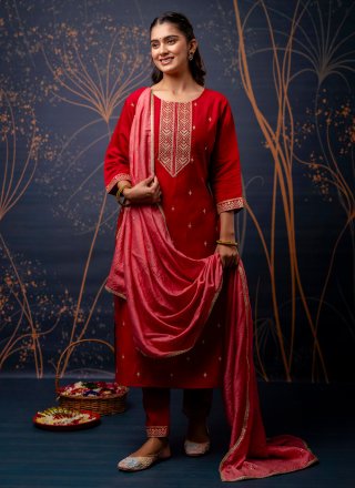Red Embroidered and Zari Work Silk Blend Salwar Suit