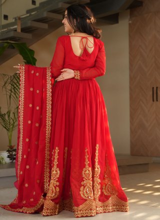 Red Embroidered, Sequins and Zari Work Faux Georgette  Designer Gown