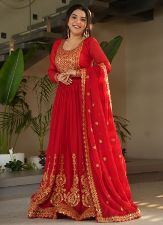 Red Embroidered, Sequins and Zari Work Faux Georgette  Designer Gown
