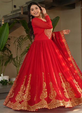 Red Embroidered, Sequins and Zari Work Faux Georgette  Designer Gown