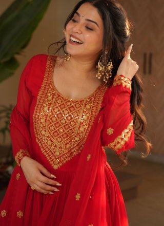 Red Embroidered, Sequins and Zari Work Faux Georgette  Designer Gown