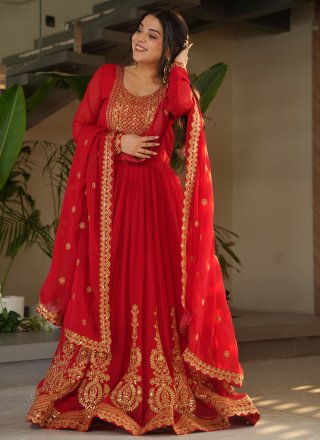 Red Embroidered, Sequins and Zari Work Faux Georgette  Designer Gown