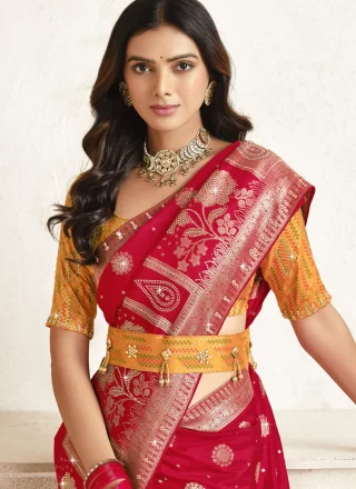 Red Embroidered, Stone and Weaving Work Silk Contemporary Saree