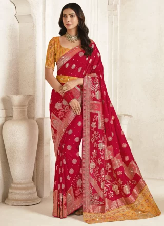 Red Embroidered, Stone and Weaving Work Silk Contemporary Saree