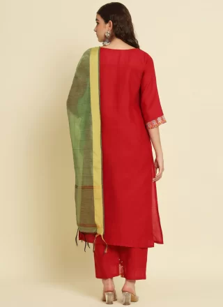 Red Embroidered Work Silk Blend Readymade Salwar Suit
