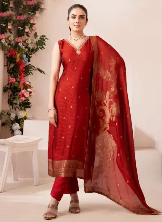 Red Embroidered Work Silk Readymade Salwar Suit