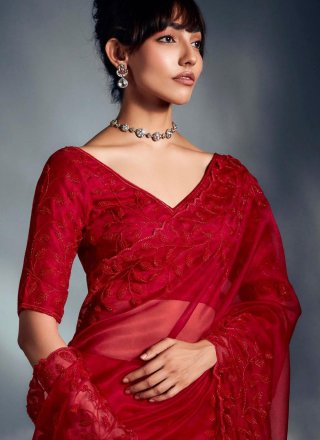 Red Fancy Fabric Cut Dana, Cut and Embroidered Work Traditional Saree