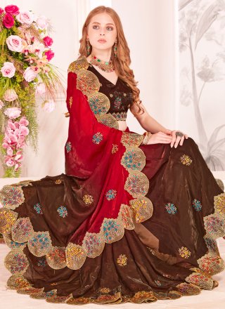 Red Fandy Classic Sari with Embroidered, Multi, Resham and Zari Work for Ceremonial