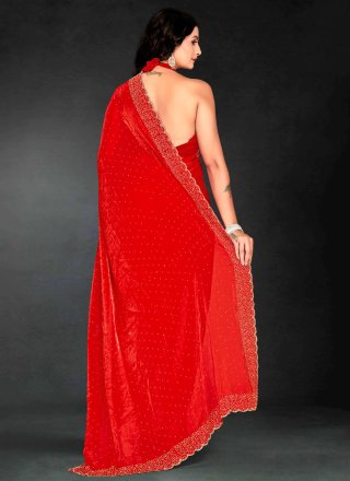 Red Fandy Contemporary Sari with Beads, Cut Dana and Zircon Work