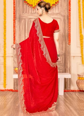 Red Fandy Contemporary Sari with Embroidered, Swarovski and Zari Work