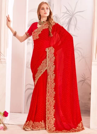 Red Fandy Designer Saree with Embroidered, Resham, Zari and Zircon Work for Ceremonial