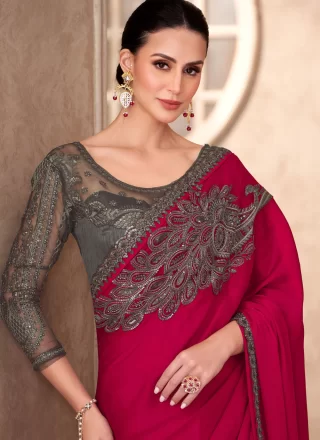 Red Faux Chiffon Patch Border, Embroidered and Lace Work Classic Saree for Women