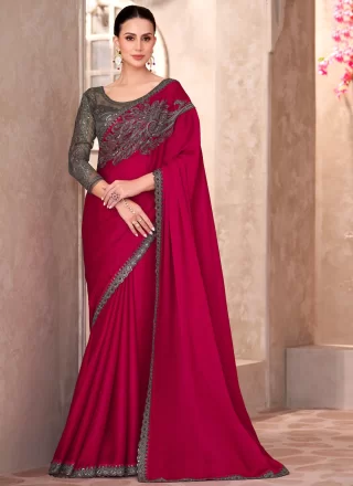 Red Faux Chiffon Patch Border, Embroidered and Lace Work Classic Saree for Women