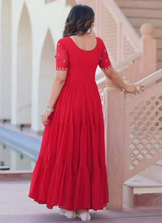 Red Faux Crepe Gown with Beads and Embroidered Work