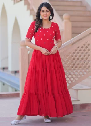 Red Faux Crepe Gown with Beads and Embroidered Work