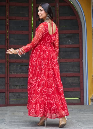 Red Faux Georgette Bandhej, Gamthi and Print Work Gown
