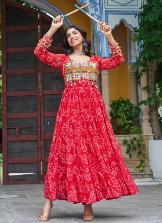 Red Faux Georgette Bandhej, Gamthi and Print Work Gown