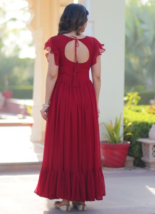 Red Faux Georgette Beads, Embroidered and Sequins Work Gown