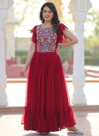 Red Faux Georgette Beads, Embroidered and Sequins Work Gown