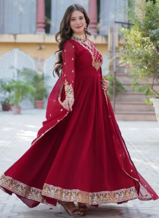 Red Faux Georgette Embroidered and Sequins Work Gown for Ceremonial