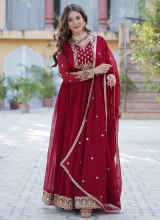 Red Faux Georgette Embroidered and Sequins Work Gown for Ceremonial
