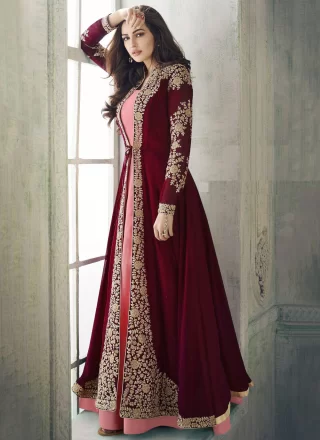 Red Faux Georgette Embroidered and Zari Work Salwar Suit