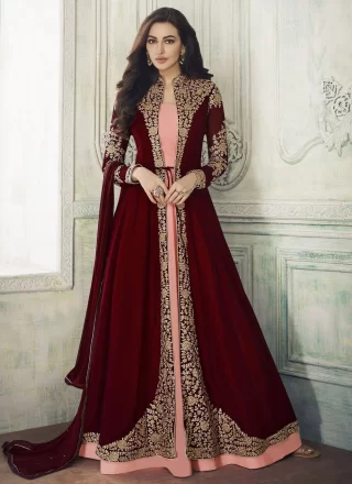 Red Faux Georgette Embroidered and Zari Work Salwar Suit