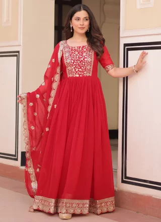 Red Faux Georgette Embroidered, Sequins and Zari Work Gown