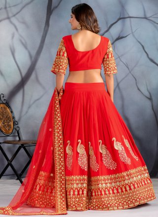 Red Faux Georgette Embroidered, Sequins and Zari Work Lehenga Choli for Festival