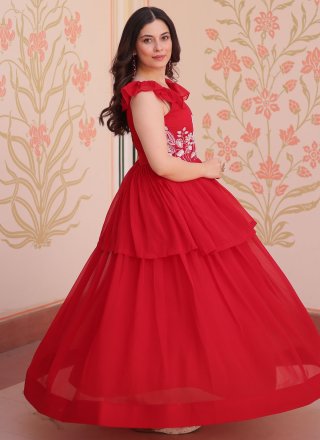Red Faux Georgette Gown with Beads, Sequins and Thread Work