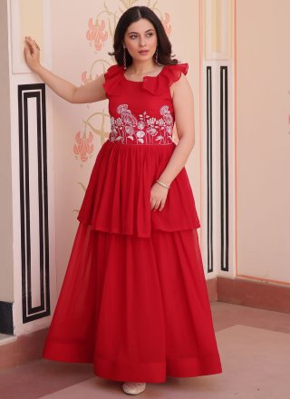 Red Faux Georgette Gown with Beads, Sequins and Thread Work