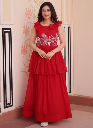 Red Faux Georgette Gown with Beads, Sequins and Thread Work
