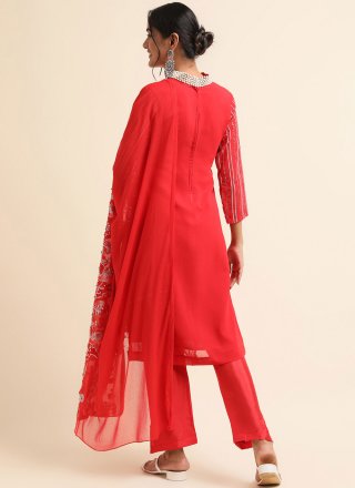 Red Faux Georgette Pant Style Suit