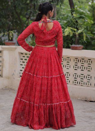 Red Faux Georgette Readymade Lehenga Choli with Bandhej and Print Work