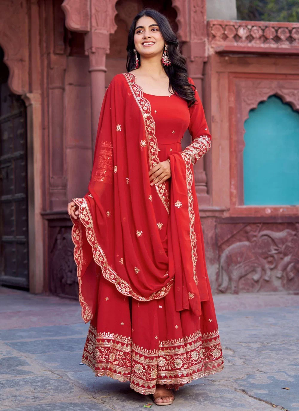 Buy Red Faux Georgette Sequins, Thread and Zari Work Salwar Suit