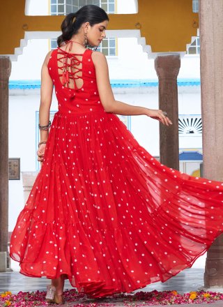 Red Georgette  Designer Gown with Gamthi, Mirror and Polka Dotted Work