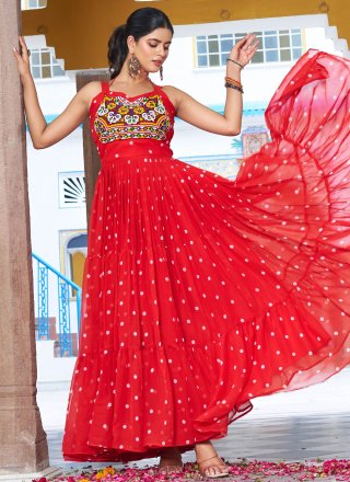 Red Georgette  Designer Gown with Gamthi, Mirror and Polka Dotted Work