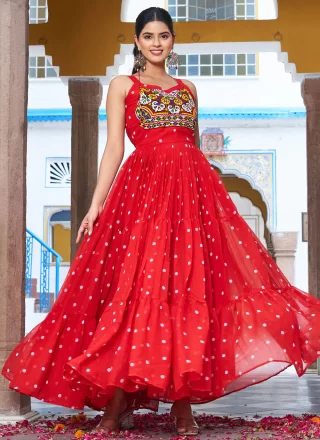 Red Georgette  Designer Gown with Gamthi, Mirror and Polka Dotted Work