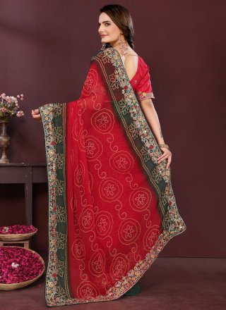 Red Georgette Digital Print and Embroidered Work Contemporary Sari