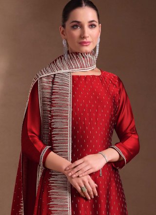 Red Georgette Embroidered and Swarovski Work Salwar Suit for Ceremonial