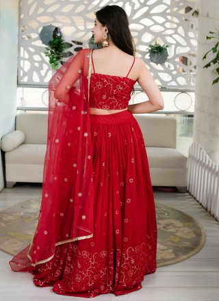 Red Georgette Embroidered, Sequins and Thread Work Lehenga Choli