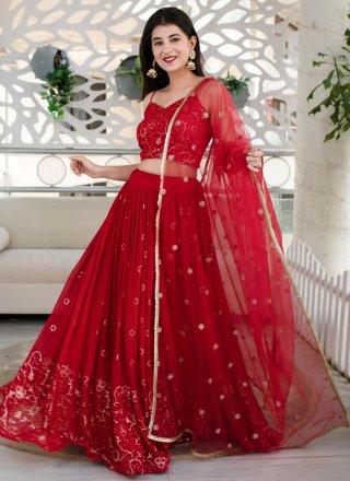 Red Georgette Embroidered, Sequins and Thread Work Lehenga Choli