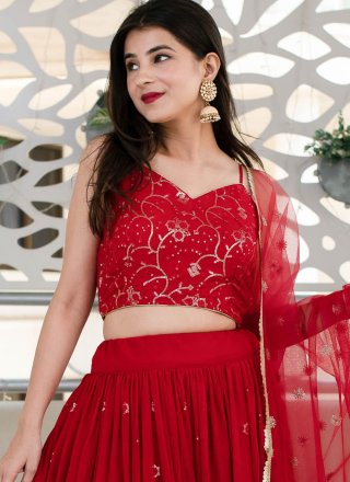 Red Georgette Embroidered, Sequins and Thread Work Lehenga Choli
