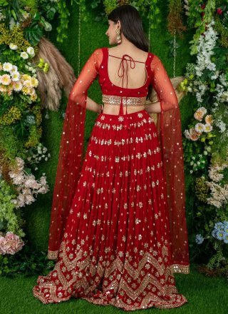 Red Georgette Embroidered, Sequins and Zari Work Lehenga Choli