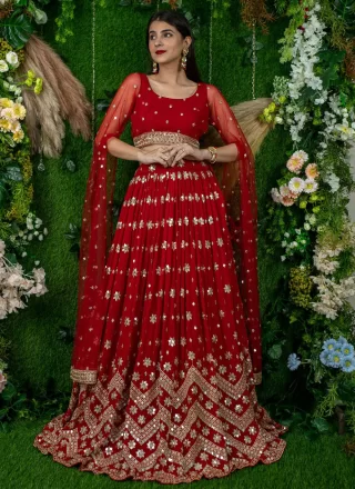 Red Georgette Embroidered, Sequins and Zari Work Lehenga Choli