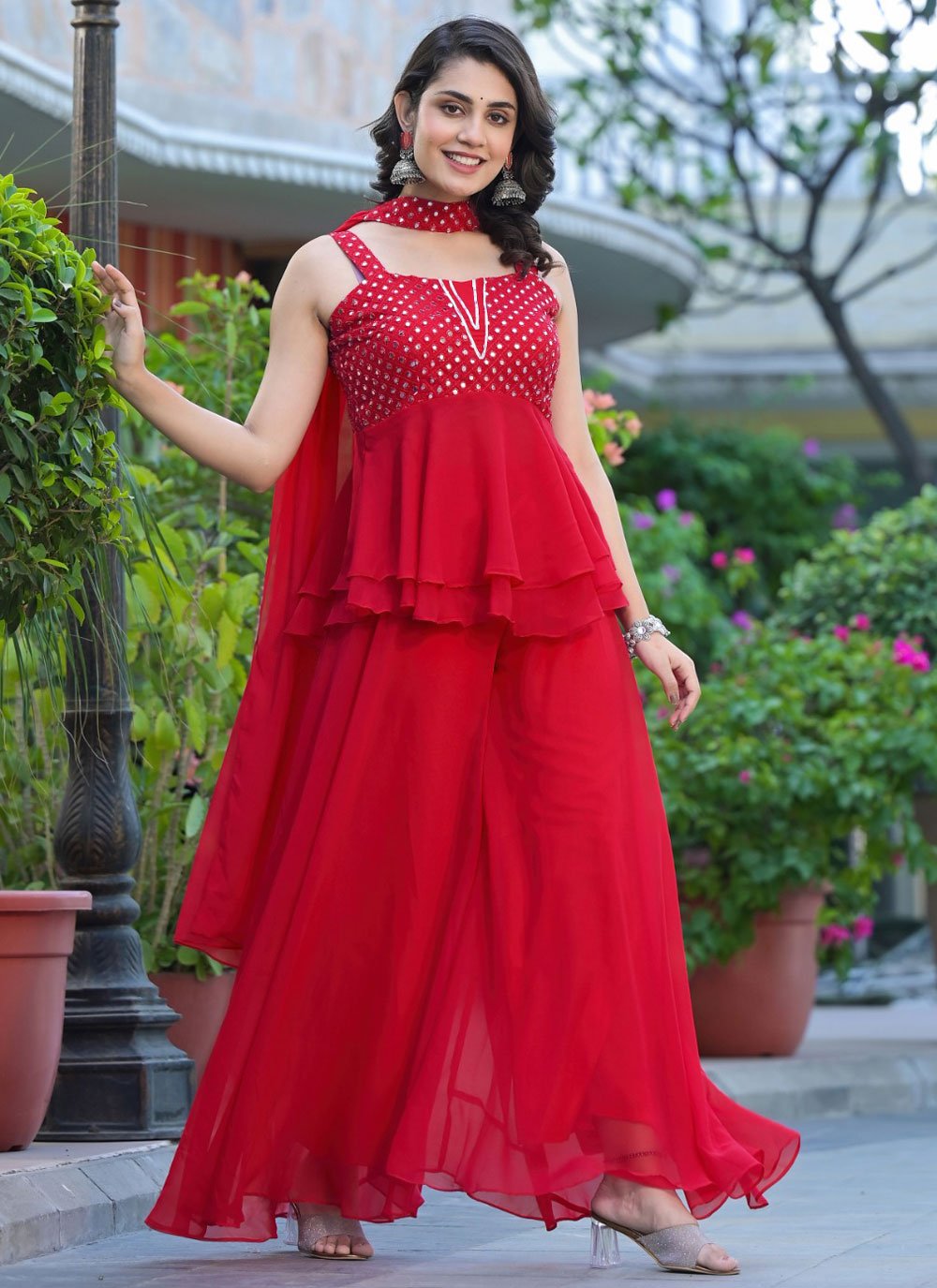 red plazo suit
