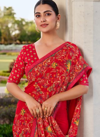 Red Georgette Print Work Classic Sari