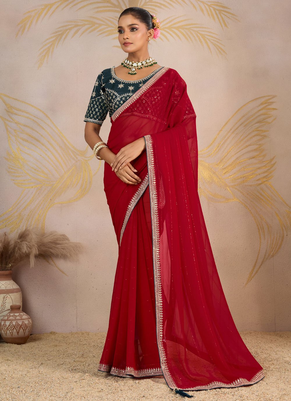 Red Necklace Set Saree and Red Necklace Set Sari Online Shopping