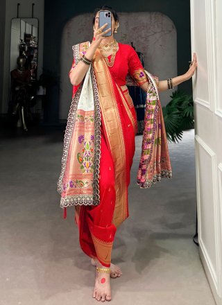 Red Jacquard Silk Contemporary Sari