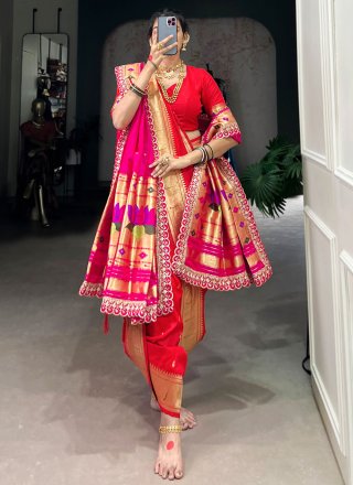 Red Jacquard Silk Contemporary Sari